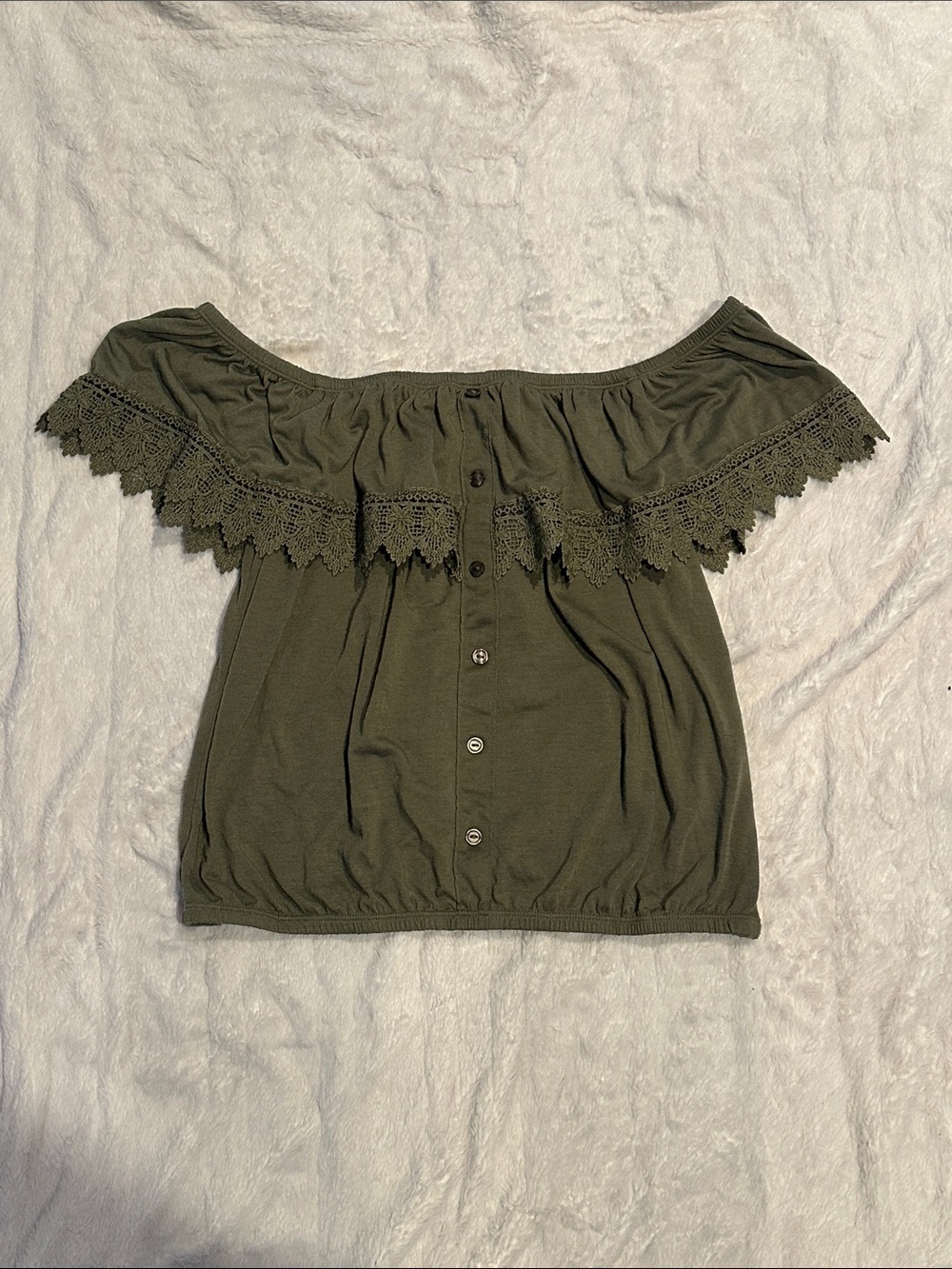 No Boundaries Olive Green Off-Shoulder Lace Trim Top